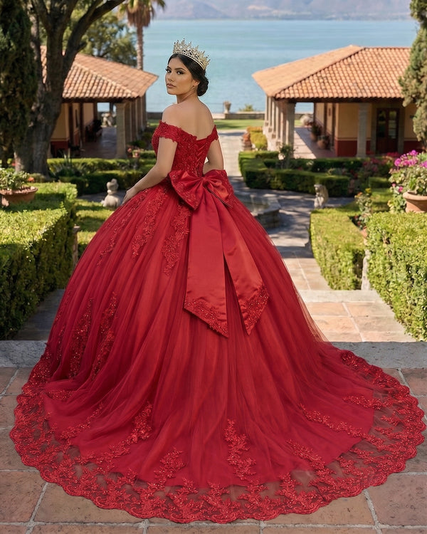 Red Lace Tulle Applique Off Shoulder Quinceanera Dresses (2) | KISSPROM