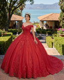 Red Lace Tulle Applique Off Shoulder Quinceanera Dresses | KISSPROM