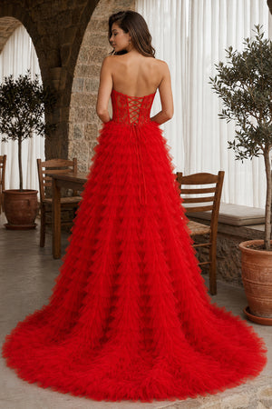 A-line Strapless Multi-Layers Tulle Prom Dress with Slit - KissProm