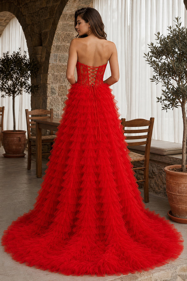 A-line Strapless Multi-Layers Tulle Prom Dress with Slit - KissProm