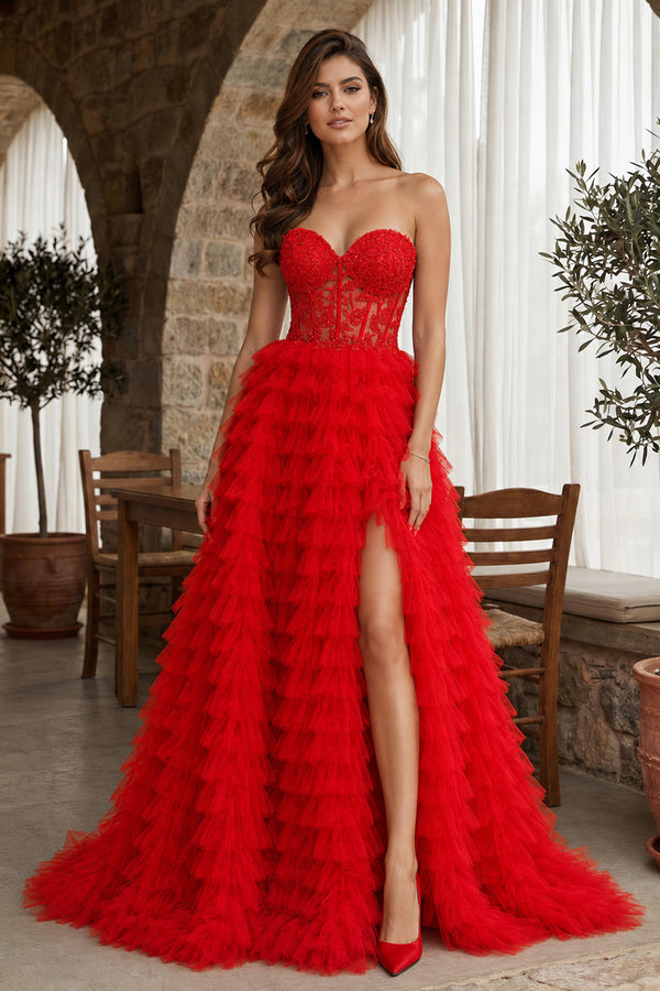 A-line Strapless Multi-Layers Tulle Prom Dress with Slit - KissProm