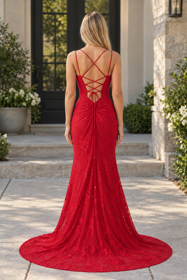 Red Lace V Neck Mermaid Prom Dress (2) | KISSPROM
