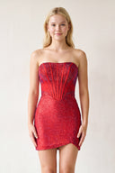 Red Tight Beaded Strapless Short Corset Homecoming Dresses-KISSPROM