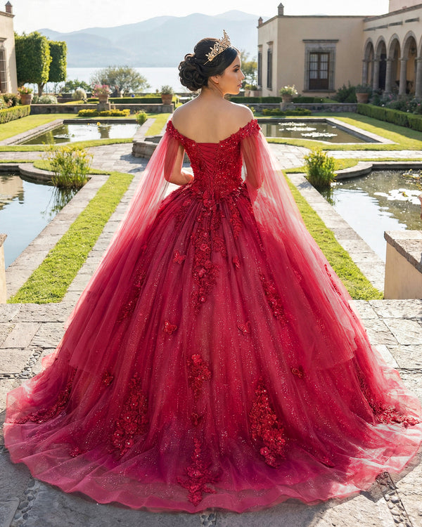 KissProm- Red Long Sleeves 3D Flowers Quinceanera Dresses Appliqued
