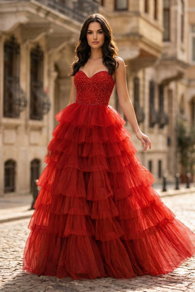 KissProm Spaghetti Straps Sweetheart Layered Tulle Formal Prom Dress with Slit, Burgundy / 16