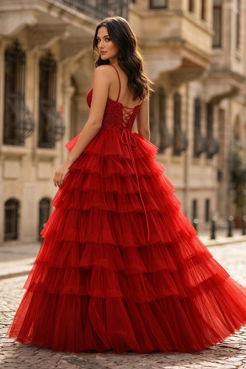 KissProm Spaghetti Straps Sweetheart Layered Tulle Formal Prom Dress with Slit, Burgundy / 16