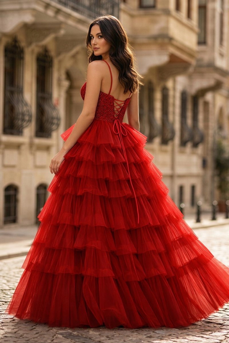 Spaghetti Straps Sweetheart Layered Tulle Formal Prom Dress with Slit Burgundy / 16