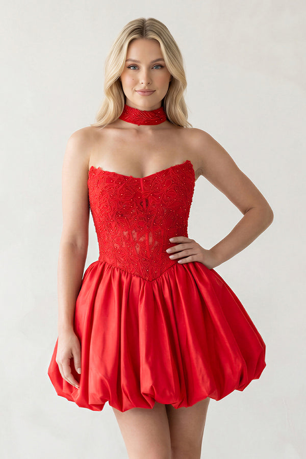 Red - A Line Strapless Corset Beaded Bubble Hem Homecoming Dress with Choker-KISSPROM