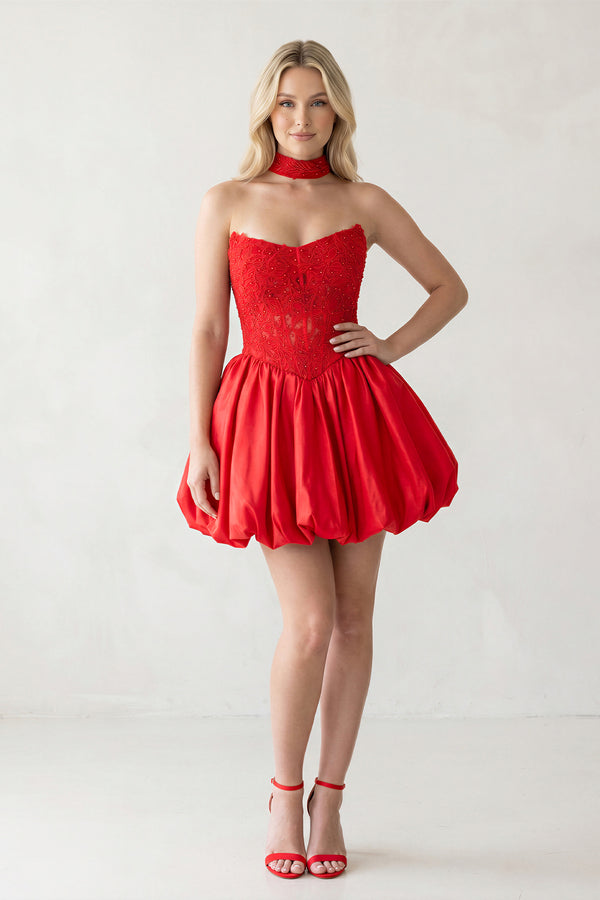 Red - A Line Strapless Corset Beaded Bubble Hem Homecoming Dress with Choker-KISSPROM