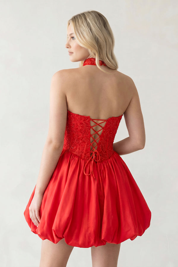 Red - A Line Strapless Corset Beaded Bubble Hem Homecoming Dress with Choker-KISSPROM