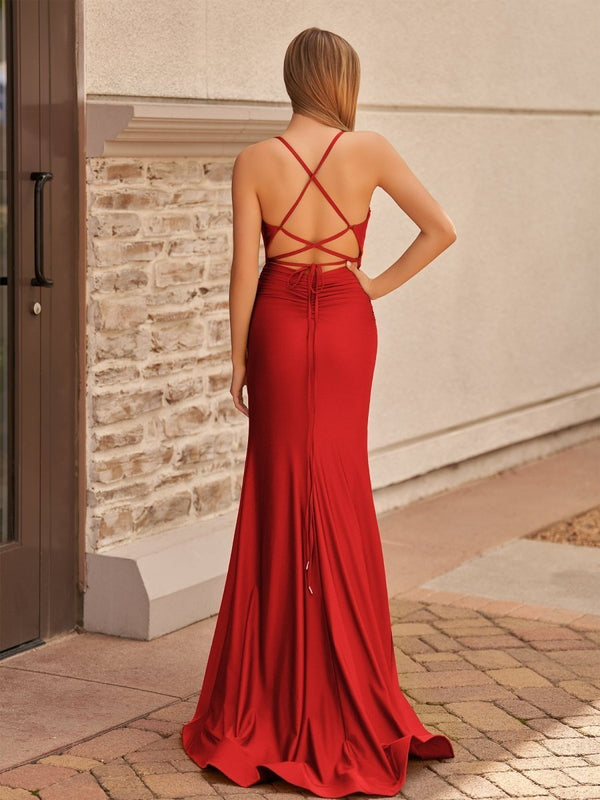 Red Mermaid Spaghetti Straps Satin Long Formal Dress with Slit (2) | KISSPROM