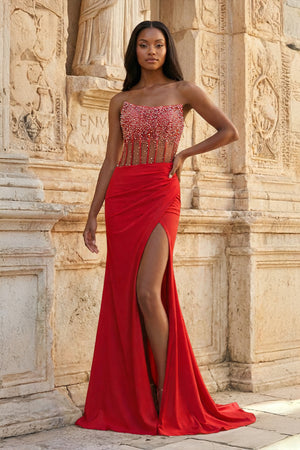 KissProm-Red Mermaid Strapless Satin Beaded Long Prom Dresses With Slit