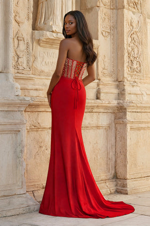 KissProm-Red Mermaid Strapless Satin Beaded Long Prom Dresses With Slit