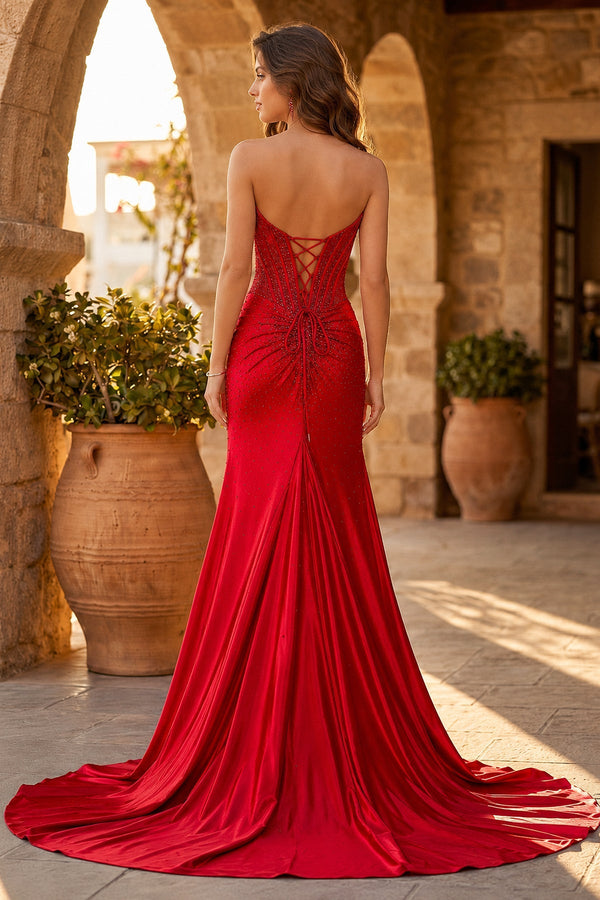 Red Mermaid Strapless Satin Corset Long Party Dress with Slit (2) | KISSPROM