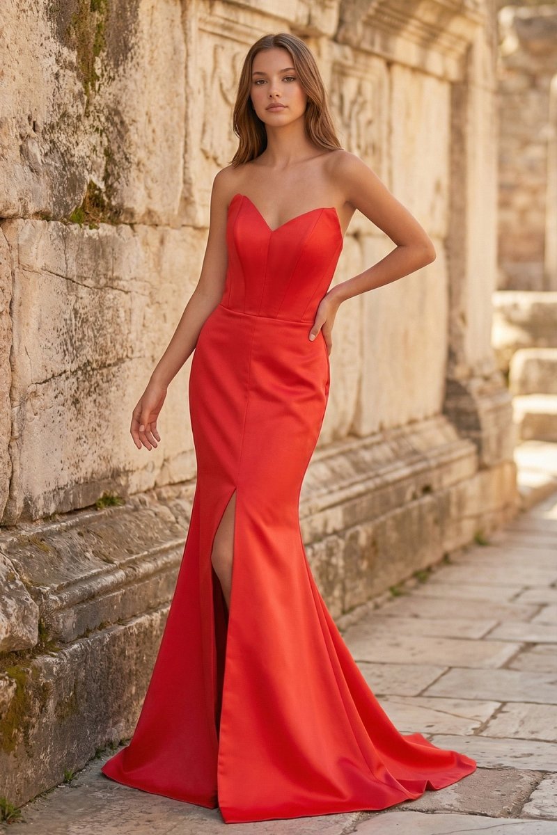 Red Mermaid Strapless Satin Long Prom Dresses With Slit - KissProm