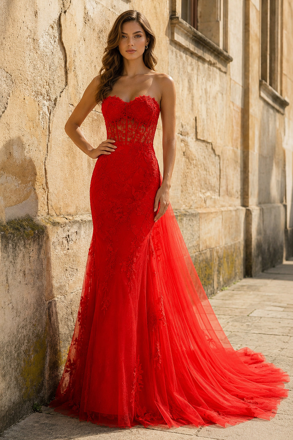 Red Mermaid Sweetheart Neck Lace Long Prom Dress With Appliques - KissProm