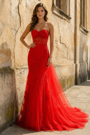 Red Mermaid Sweetheart Neck Lace Long Prom Dress With Appliques - KissProm