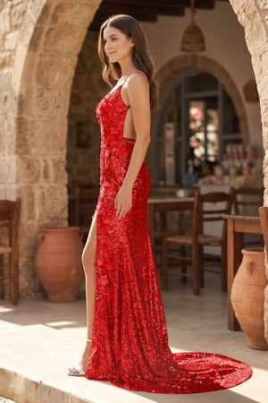 Red Mermaid V Neck Sequins Prom Dress with Slit (2) | KISSPROM