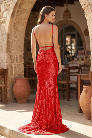 Red Mermaid V Neck Sequins Prom Dress with Slit (3) | KISSPROM