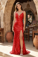Red Mermaid V Neck Sequins Prom Dress with Slit | KISSPROM