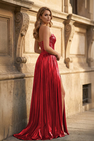 Green Metallic Sweetheart Pleated A-Line Long Prom Dresses - KISSPROM PROM DRESSES