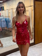 Nelly | Red Mirror-Cut Sequins Halter Sheath V Neck Homecoming Dress
