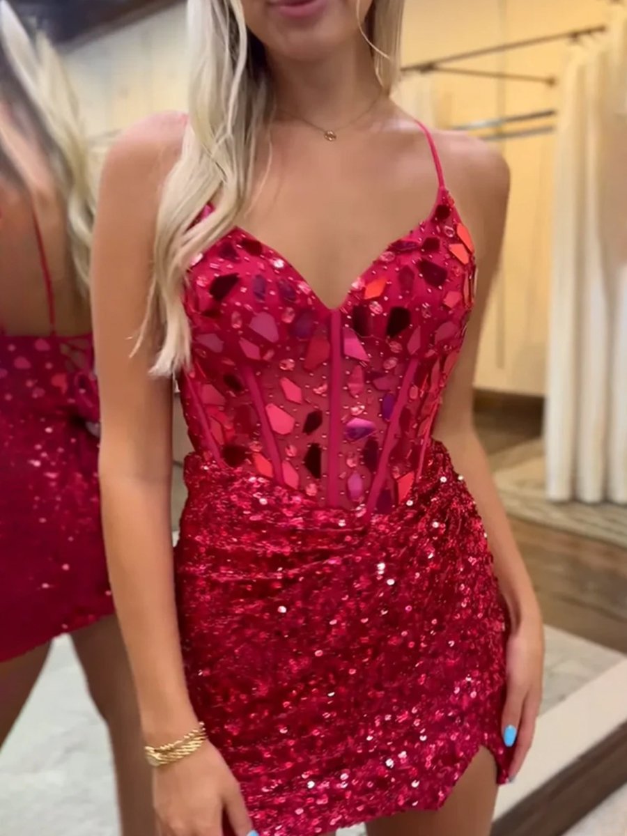 Gold MIRROR-CUT Sequins Halter Sheath V Neck Mini Party Dresses Red / 12 Gold MIRROR-CUT Sequins Halter Sheath V Neck Mini Party Dresses Red / 12