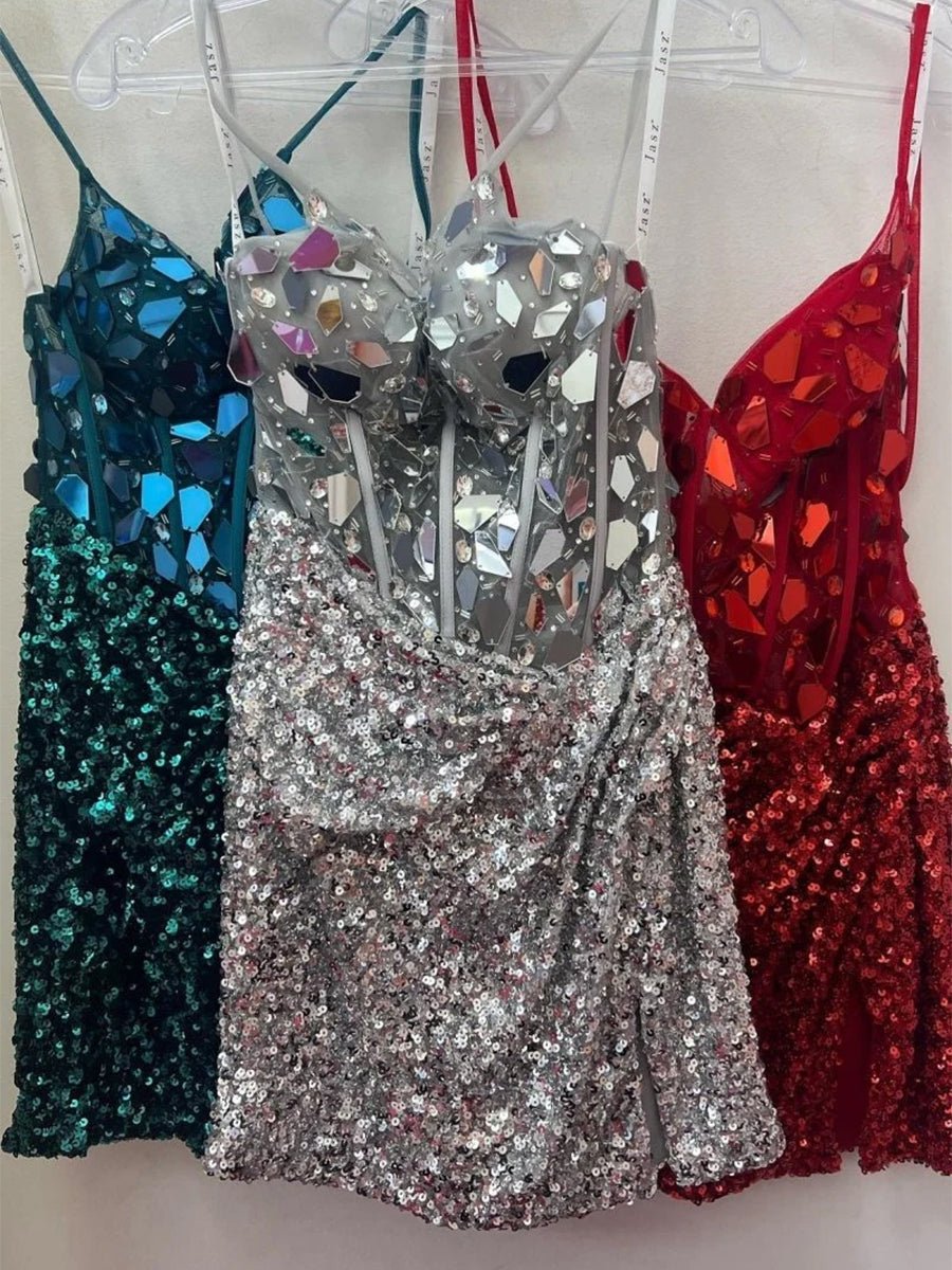 Nelly | Red Mirror-Cut Sequins Halter Sheath V Neck Homecoming Dress