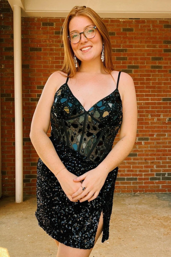 Nelly | Red Mirror-Cut Sequins Halter Sheath V Neck Homecoming Dress