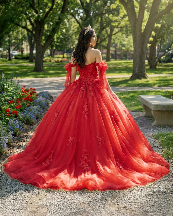 Red Off Shoulder Tulle Quinceanera Dresses With Lace Appliques (2) | KISSPROM