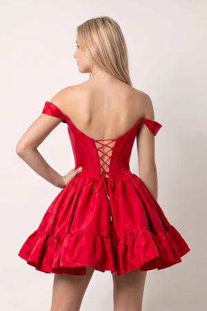 Red Off The Shoulder A Line Pleated Satin Short Homecoming Dress | KISSPROM