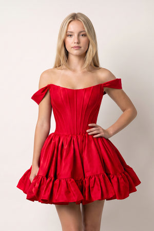 Red Off The Shoulder A Line Pleated Satin Short Homecoming Dress | KISSPROM