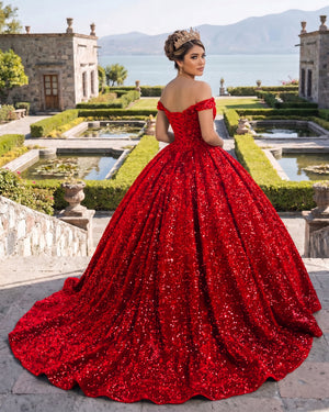 Red Off The Shoulder Ball Gown Sequined Quinceanera Dress (2) | KISSPROM