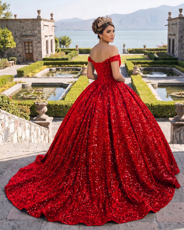 Red Off The Shoulder Ball Gown Sequined Quinceanera Dress (2) | KISSPROM
