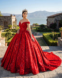 Red Off The Shoulder Ball Gown Sequined Quinceanera Dress | KISSPROM