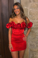 Red Off-the-Shoulder Bodycon Cocktail Dress with Ruffles | KISSPROM