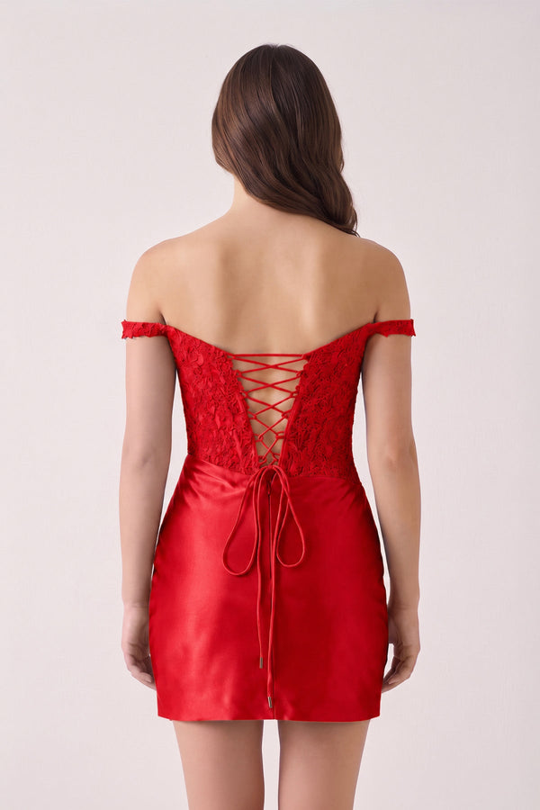 Red Off The Shoulder Bodycon Satin Mini Party Dress With Appliques (2) | KISSPROM