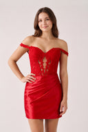 Red Off The Shoulder Bodycon Satin Pleated Homecoming Dresses With Appliques | KISSPROM