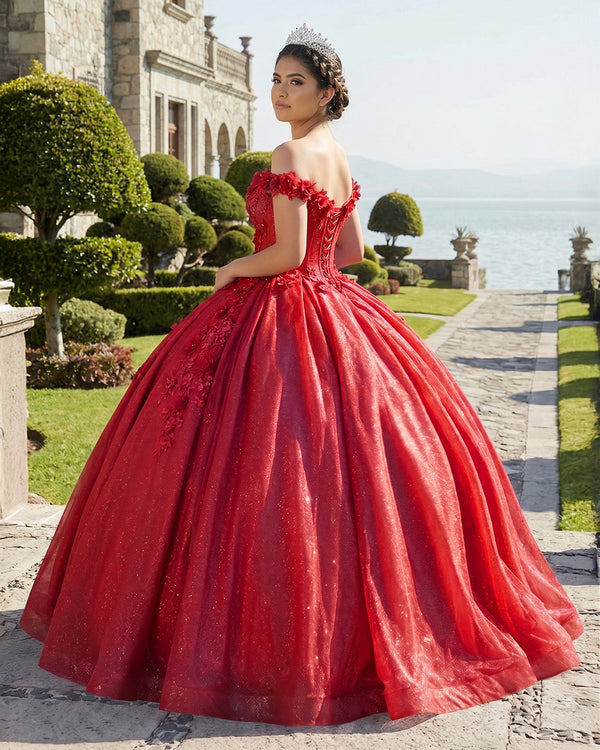 Red Off the Shoulder Glitter 3D Floral Quinceanera Dresses (2) | KISSPROM