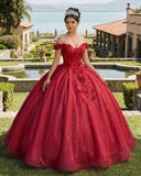 Red Off the Shoulder Glitter 3D Floral Quinceanera Dresses | KISSPROM