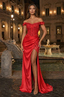 Burgundy Off The Shoulder Mermaid Beaded Satin Long Prom Dresses With Appliques – Prom Dress by KissProm | Available at KissProm