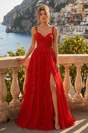 A-line Sweetheart Lace Tulle Prom Dress with Slit - KissProm