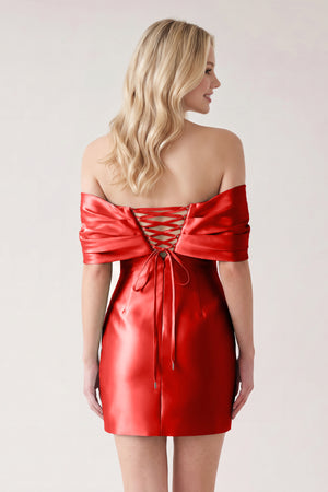 Red Off The Shoulder Satin Bodycon Short Homecoming Dress With Beading (2) | KISSPROM