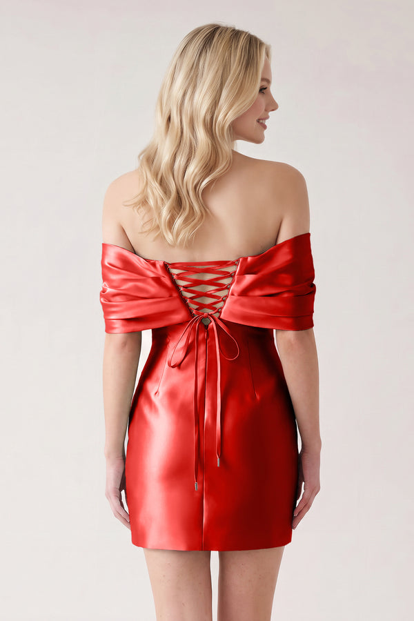 Red Off The Shoulder Satin Bodycon Short Homecoming Dress With Beading (2) | KISSPROM