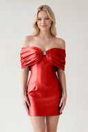 Red Off The Shoulder Satin Bodycon Short Homecoming Dress With Beading | KISSPROM