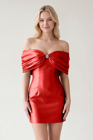 Red Off The Shoulder Satin Bodycon Short Homecoming Dress With Beading | KISSPROM