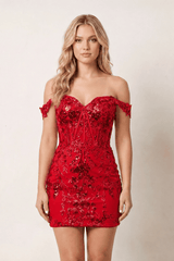 Red Off the Shoulder Sheath Corset Mini Party Dress | KISSPROM