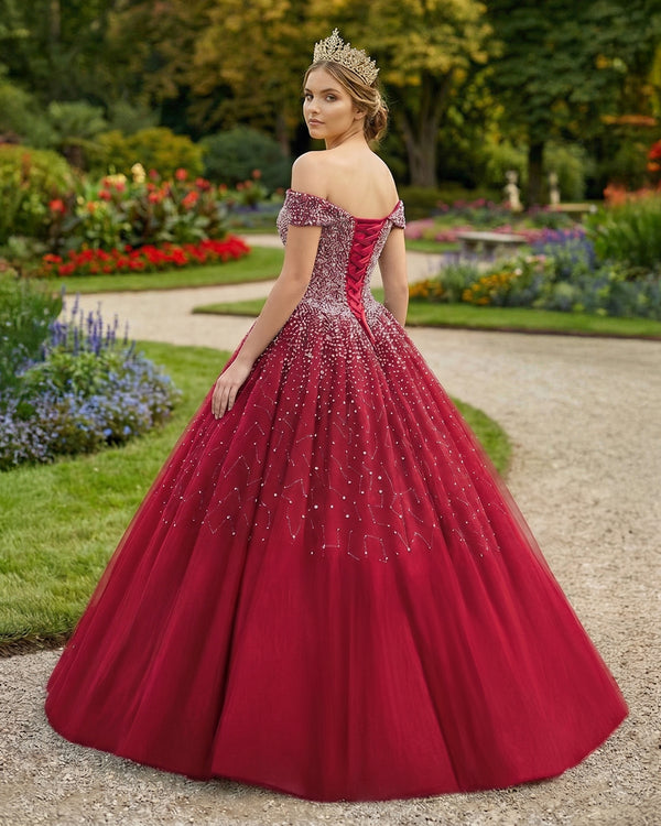 Red Off The Shoulder Tulle Quinceanera Dresses With Beadings (2) | KISSPROM