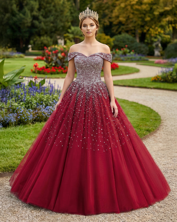 Red Off The Shoulder Tulle Quinceanera Dresses With Beadings | KISSPROM