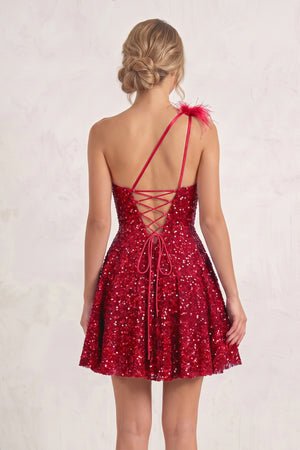 Red One Shoulder A Line Sequins Homecoming Dresses With Feathers (2) | KISSPROM